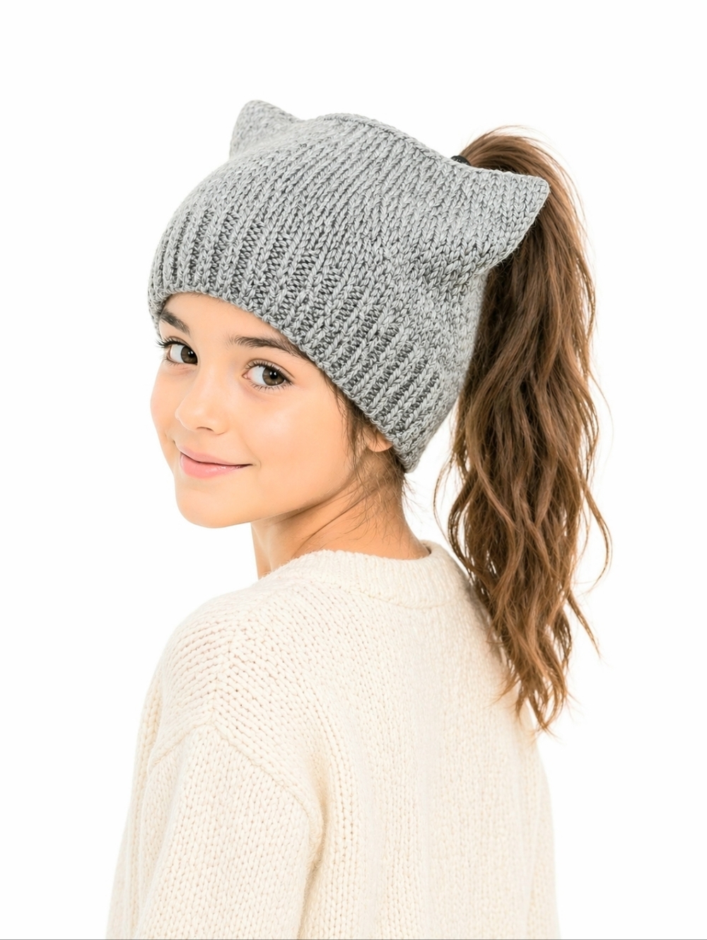 Handknit One Of A Kind Cat Ear Ponytail Hat Youth-Adult In Light Grey